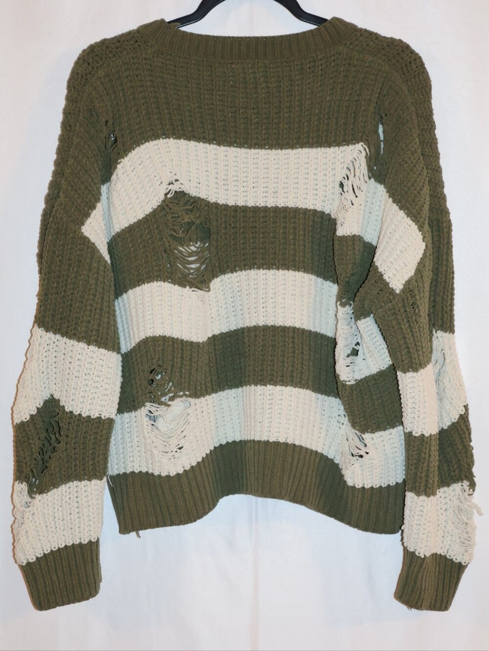 POL Olive Green and Cream Distressed Striped Knit Sweater. - Picture 6 of 13